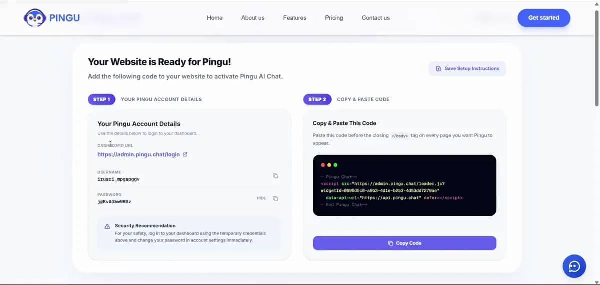 Pingu-Dashboard mit den Einrichtungsschritten für das KI-Chat-Widget