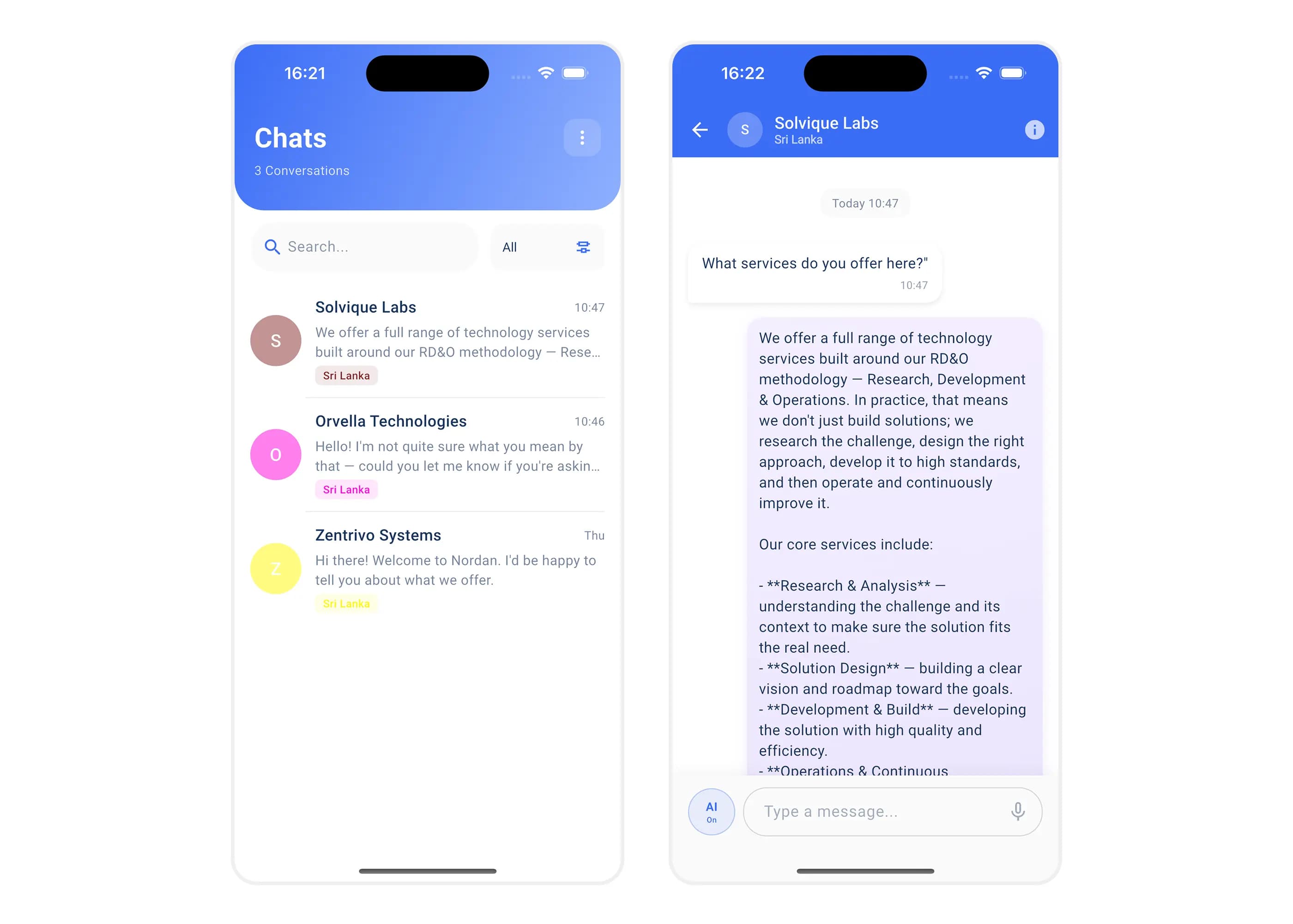 Application mobile Pingu affichant une conversation client et la liste des conversations