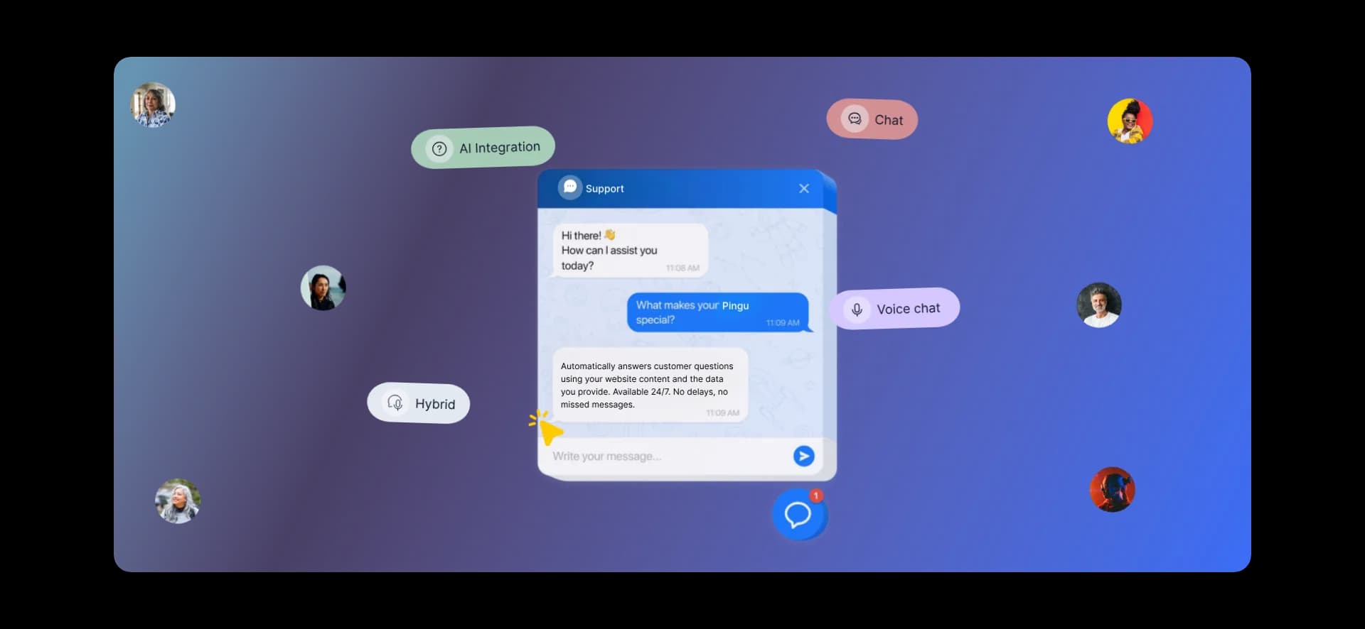 Illustration of Pingu's AI support widget handling chat, voice, and hybrid conversations for customers across multiple channels, with a 50k+ downloads badge