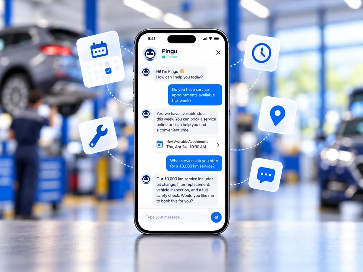 Pingu chatbot on a phone offering a car service appointment in an automotive workshop
