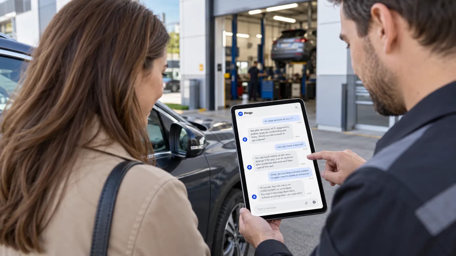Service advisor replying to a customer from Pingu on a tablet in the workshop