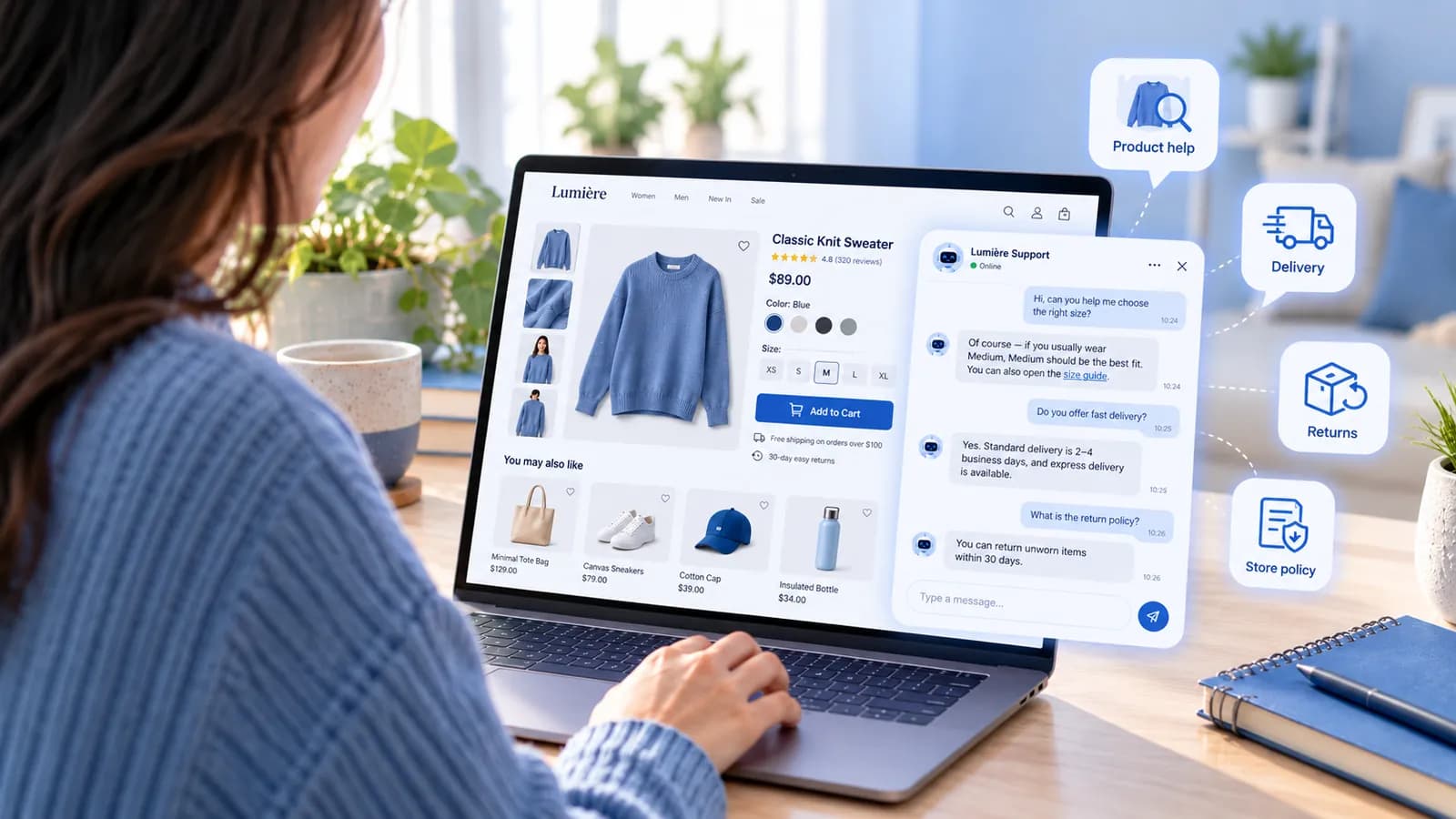 Online shopper on a laptop asking the Pingu chatbot about a sweater's size and delivery