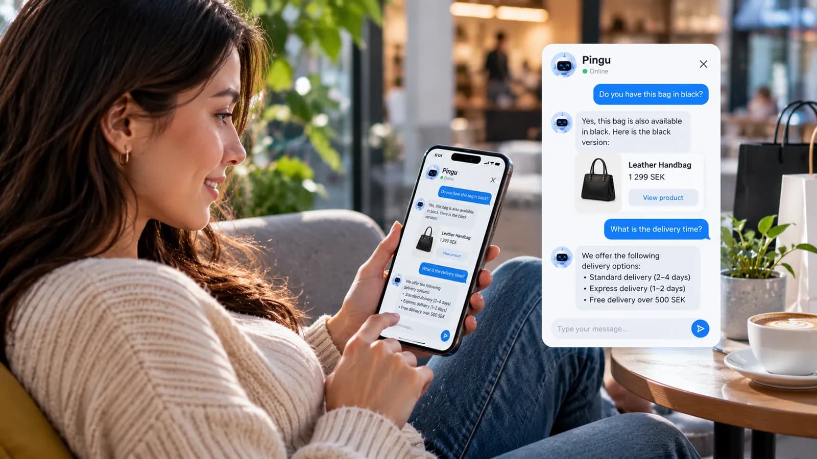 Pingu chatbot answering a shipping question for a customer on an online store