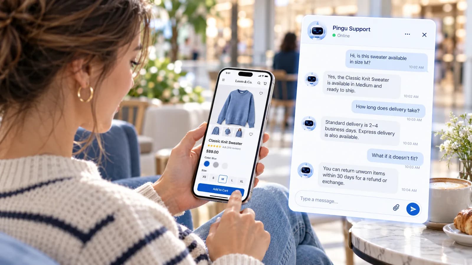 Shopper on a phone checking delivery times with the Pingu chat assistant