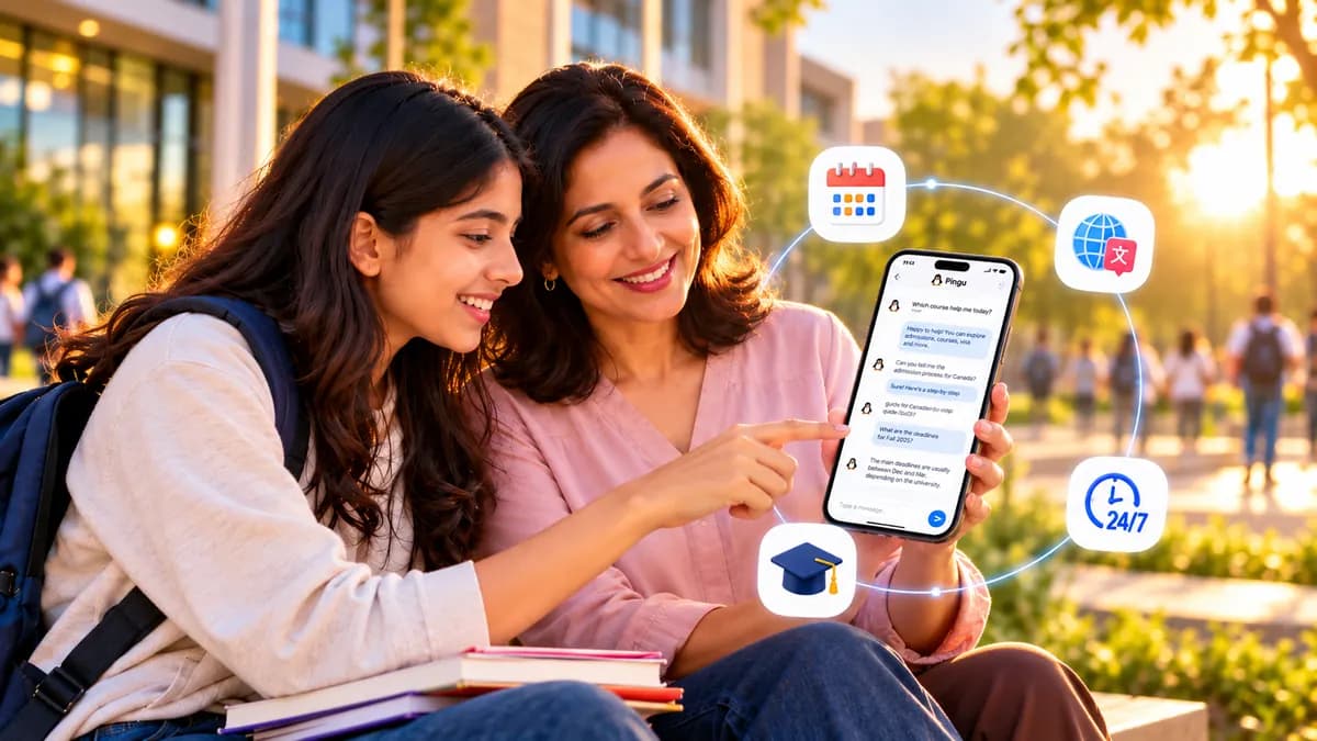 Student and parent using the Pingu chatbot on a phone for school admissions and course questions