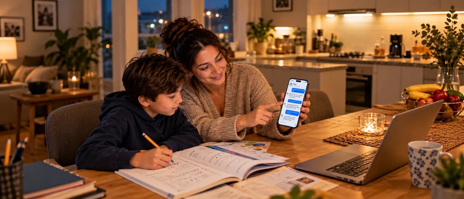 Parent and student at home checking course information with Pingu on a phone