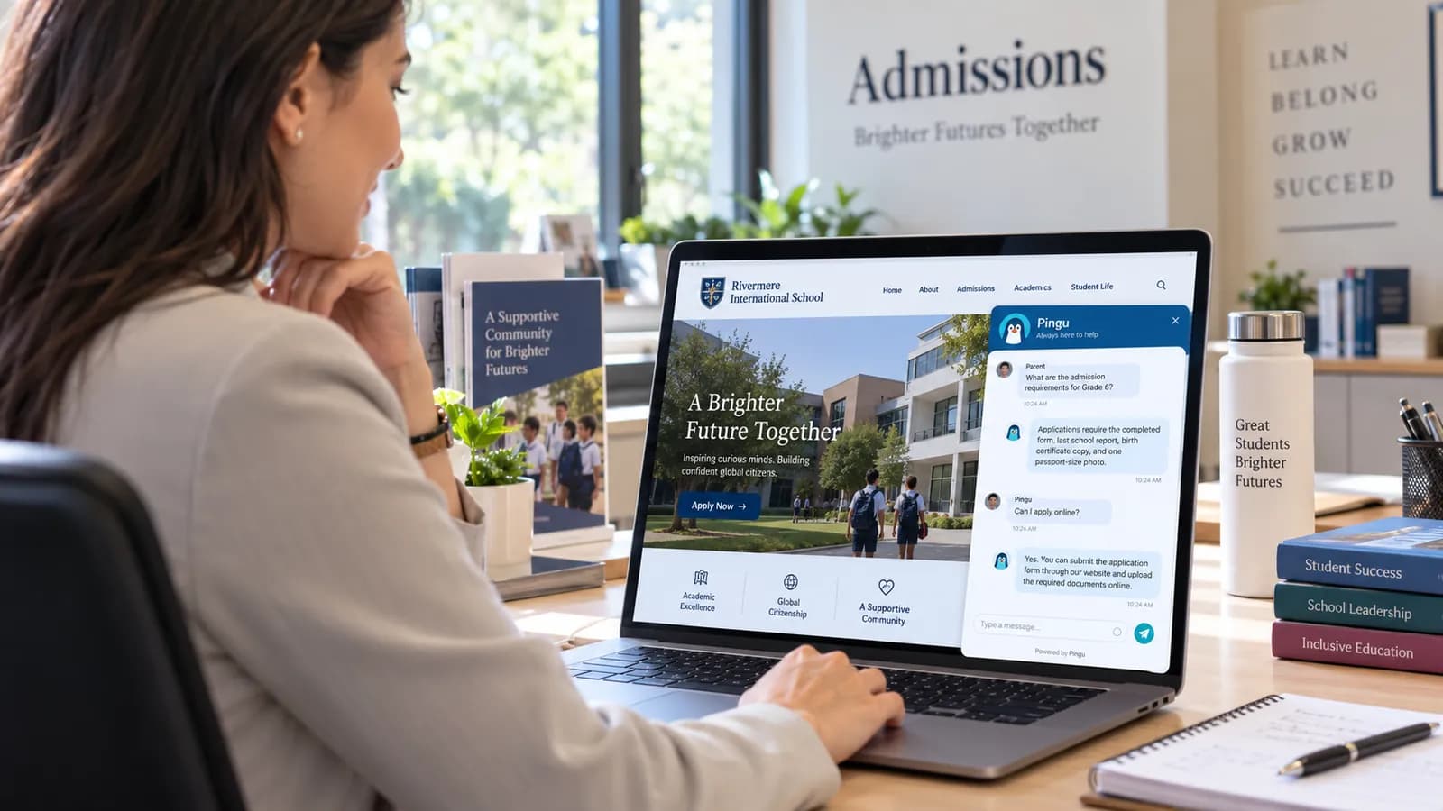School admissions website with the Pingu chatbot answering a parent's question
