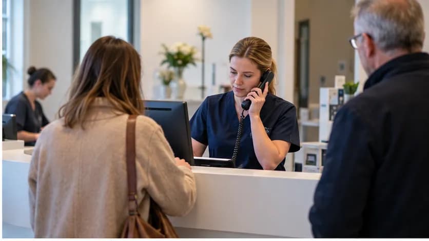 Busy clinic reception with staff answering phone calls while patients wait at the front desk