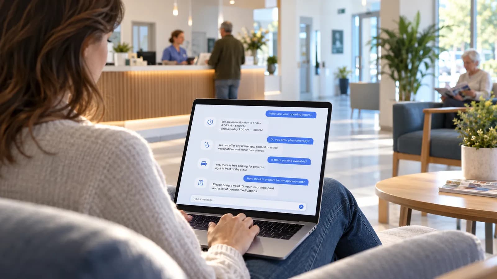 Patient in a clinic waiting area asking the Pingu chatbot about opening hours and services on a laptop