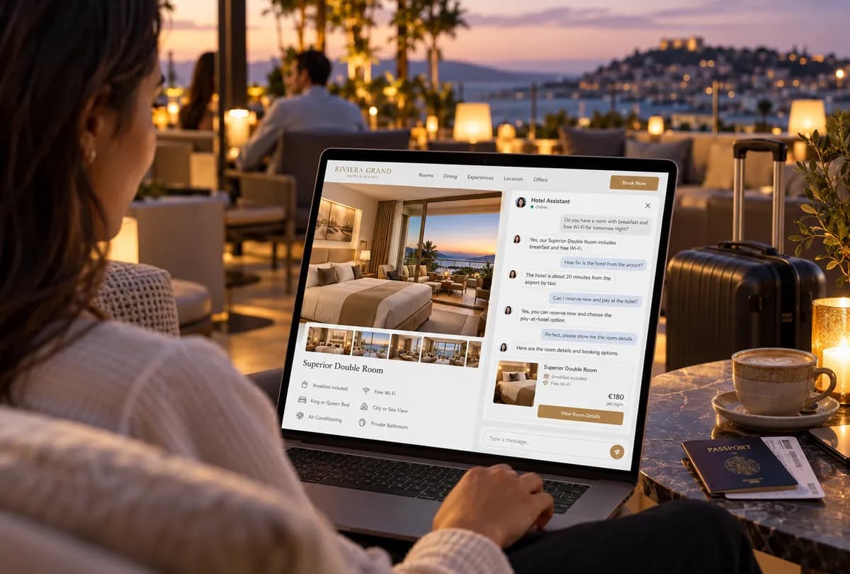 Hotel guest in a lobby with a sea view checking room details with the Pingu chatbot on a laptop