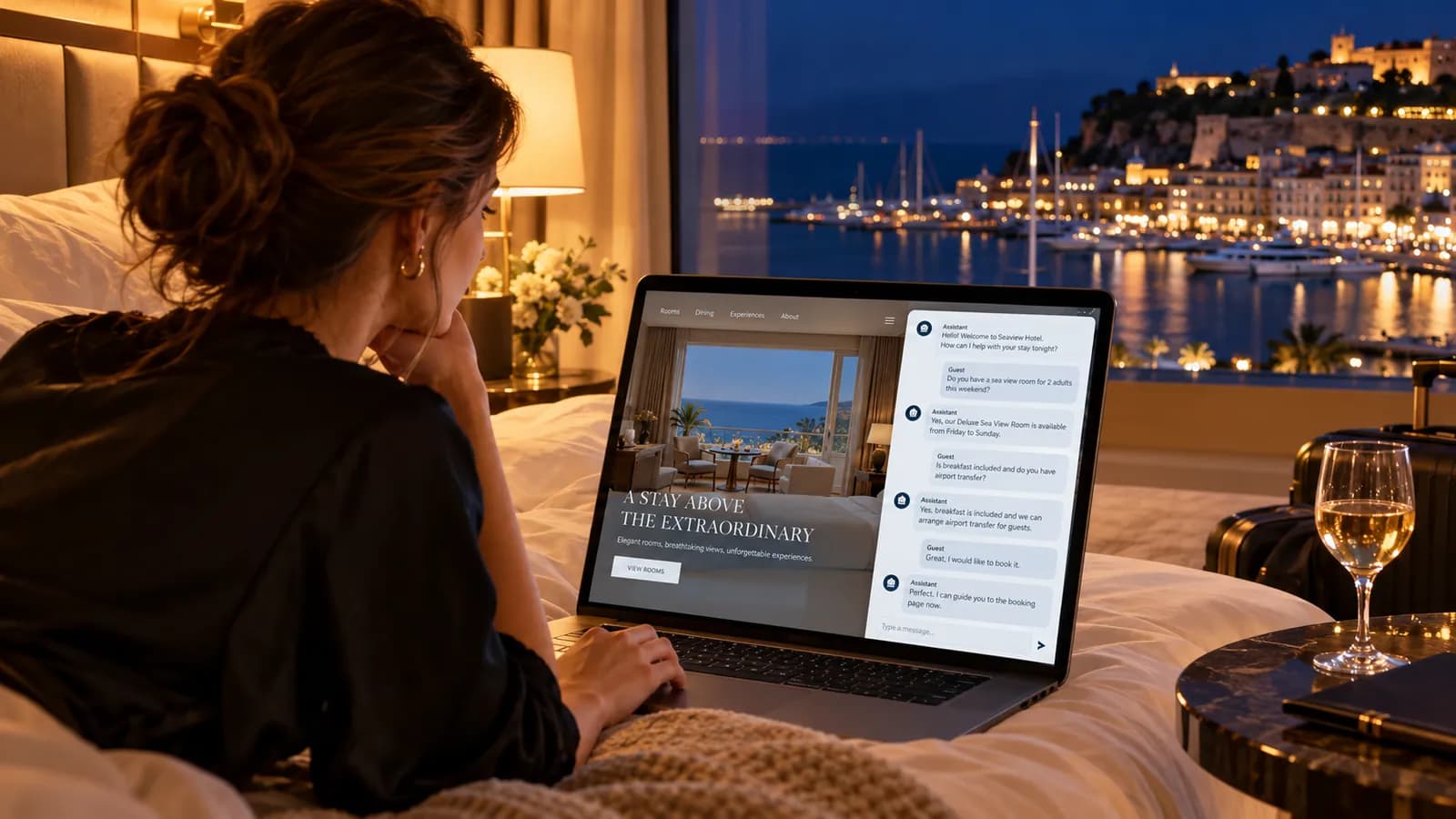 Hotel guest in bed at night asking the Pingu AI chatbot about rooms on a hotel website