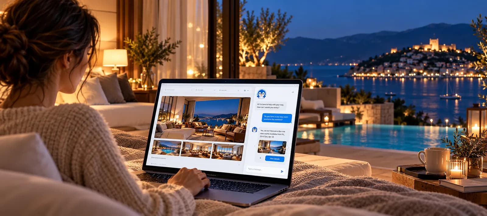 Hotel guest by the pool browsing room options while the Pingu chatbot answers booking questions