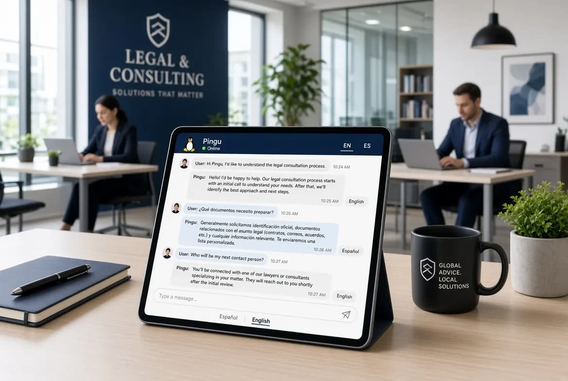 Pingu chatbot answering client questions on a tablet at a legal and consulting firm