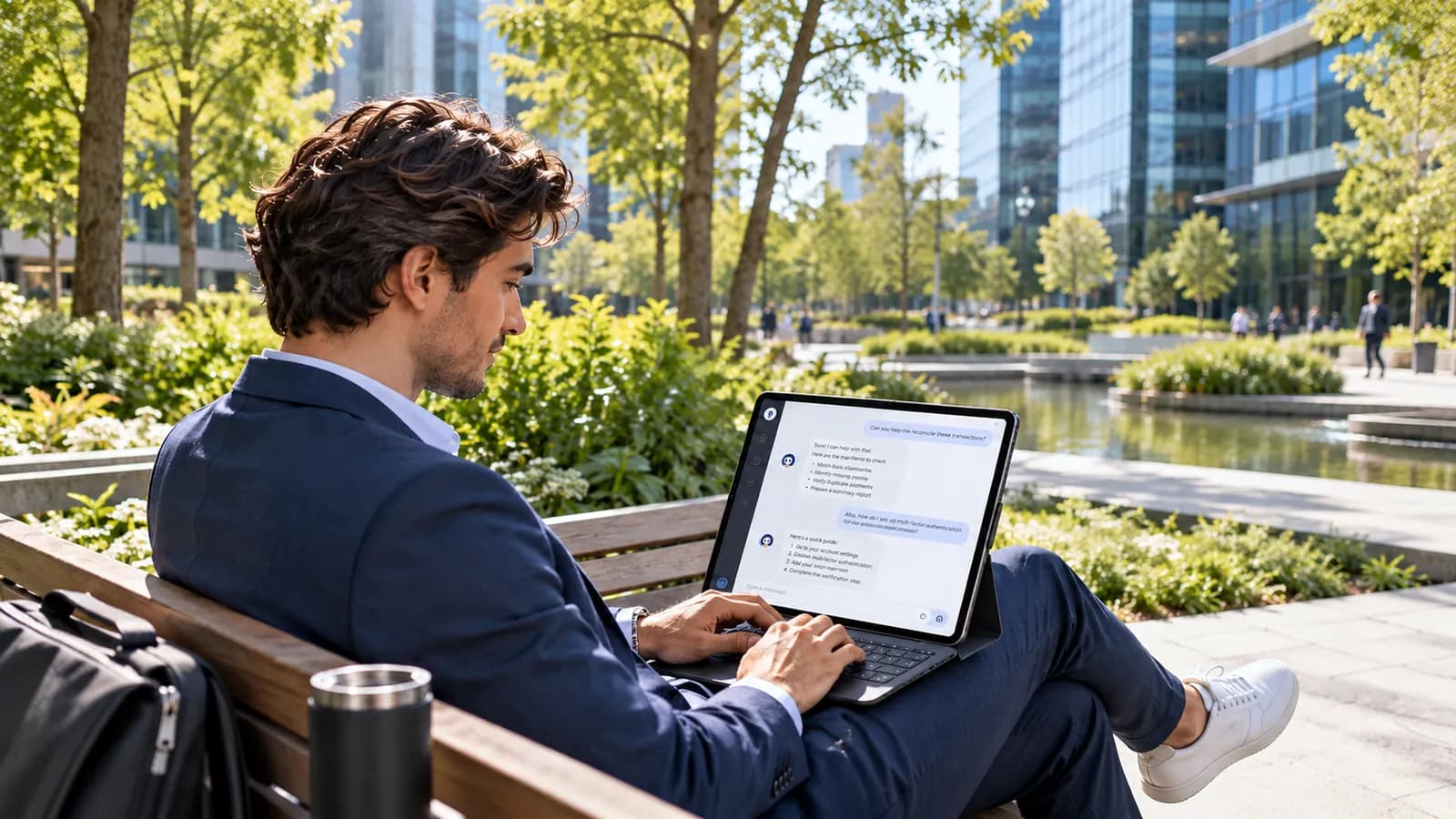 Professional reviewing a Pingu client conversation on a tablet outdoors