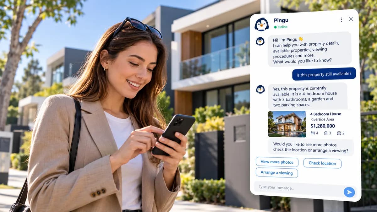 Woman outside a modern house asking the Pingu chatbot about the property's availability