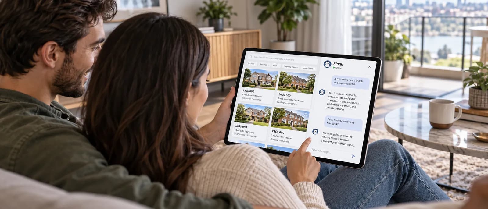 Couple on a sofa browsing property listings with the Pingu assistant on a tablet