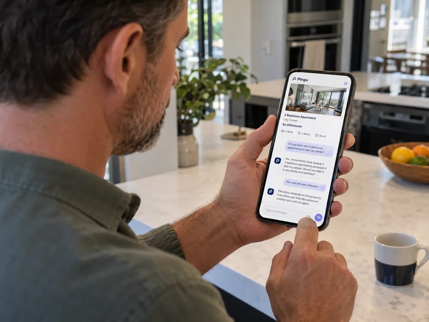 House hunter checking property details and viewings with Pingu on a phone