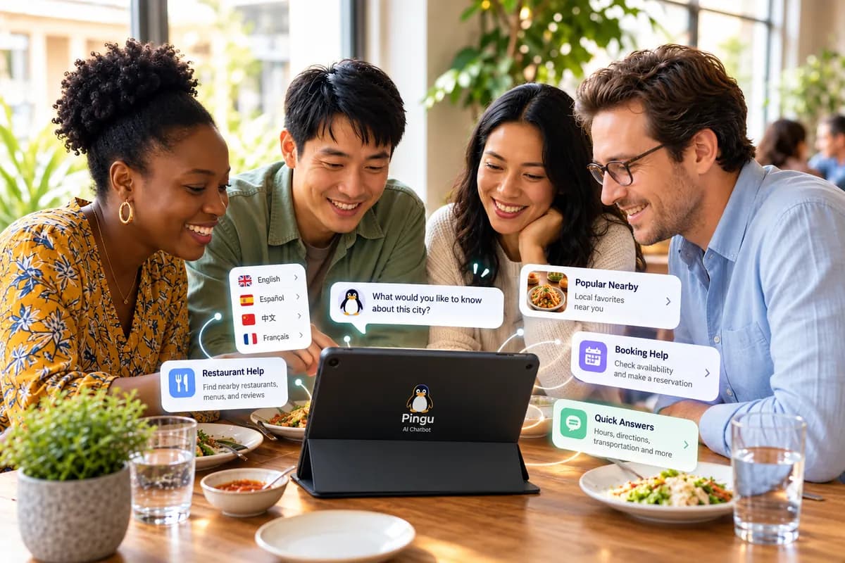 Friends at a restaurant table using the Pingu chatbot on a tablet for menu and booking help