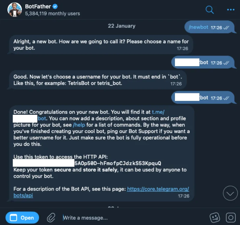 Zoeken naar BotFather in Telegram