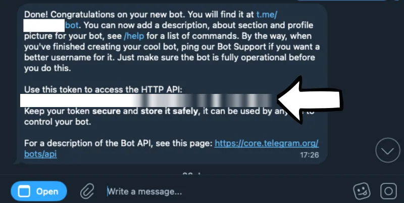 Het antwoord van BotFather met het API-token