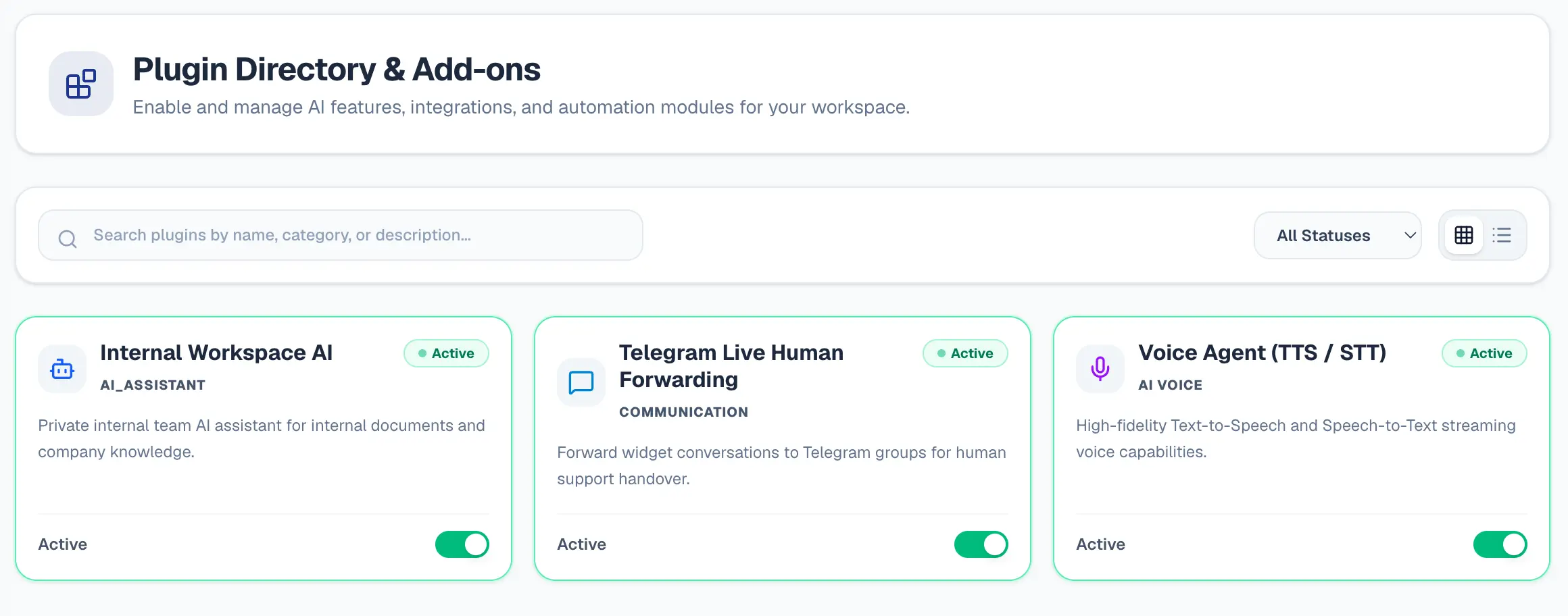 Pingu plugin directory showing AI assistants, checkout, Telegram forwarding, and voice add-ons with activation controls.