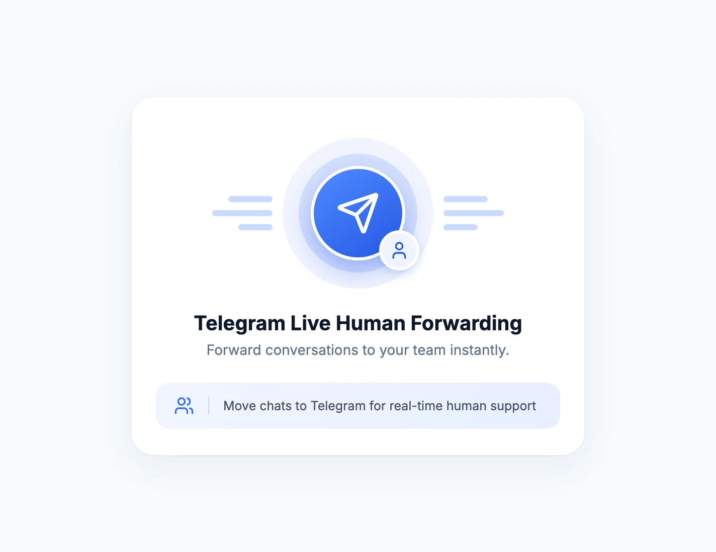 Illustratie van het doorsturen van gesprekken naar Telegram met een papieren vliegtuigje en een teampictogram